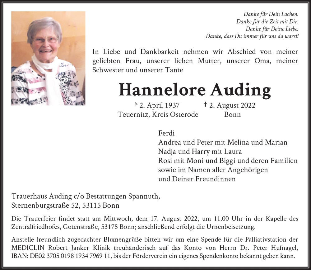  Traueranzeige für Hannelore Auding vom 06.08.2022 aus General-Anzeiger Bonn