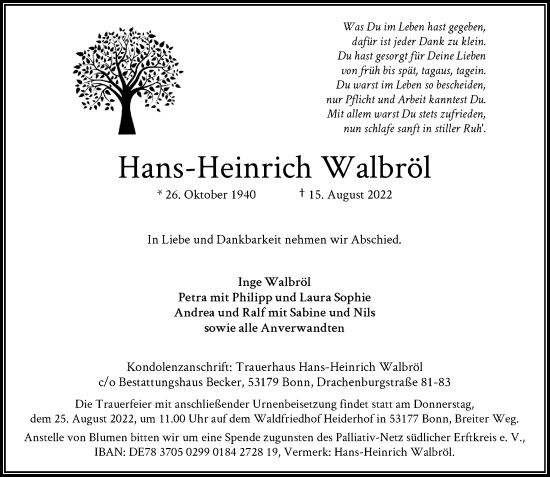 Anzeige von Hans-Heinrich Walbröl von General-Anzeiger Bonn
