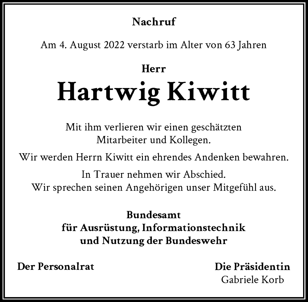  Traueranzeige für Hartwig Kiwitt vom 20.08.2022 aus General-Anzeiger Bonn
