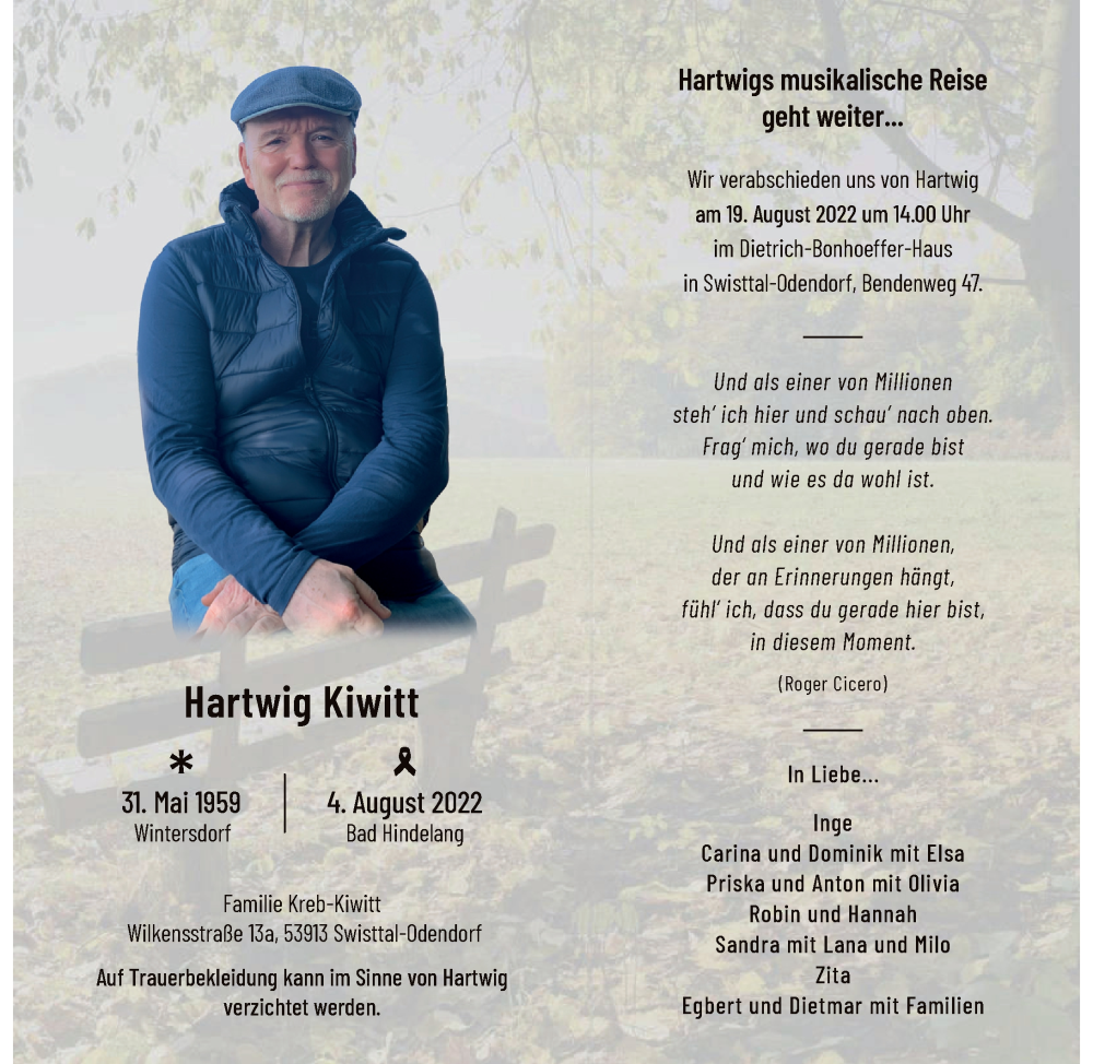  Traueranzeige für Hartwig Kiwitt vom 13.08.2022 aus General-Anzeiger Bonn