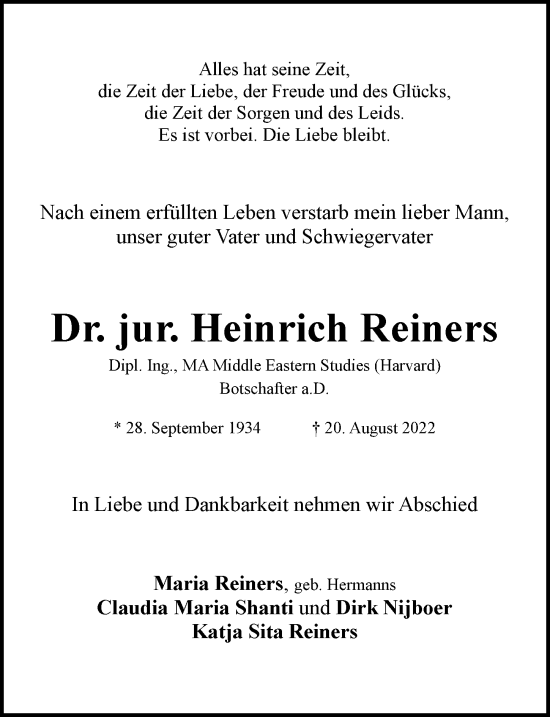 Anzeige von Heinrich Reiners von General-Anzeiger Bonn
