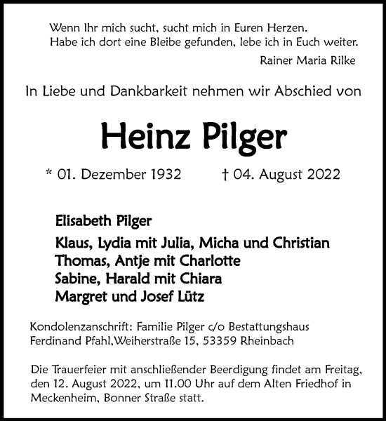 Anzeige von Heinz Pilger von General-Anzeiger Bonn