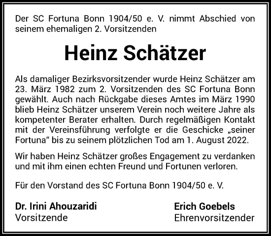 Anzeige von Heinz Schätzer von General-Anzeiger Bonn