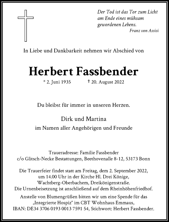 Anzeige von Herbert Fassbender von General-Anzeiger Bonn