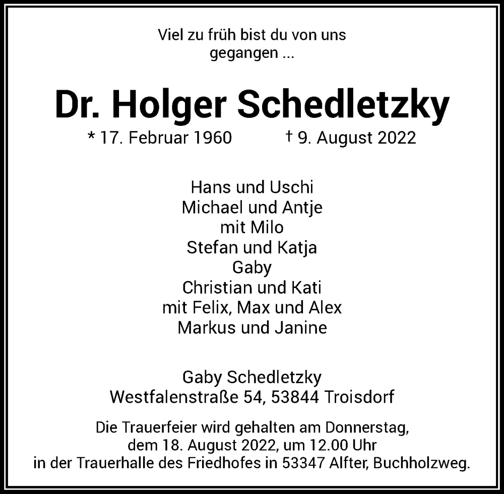  Traueranzeige für Holger Schedletzky vom 13.08.2022 aus General-Anzeiger Bonn