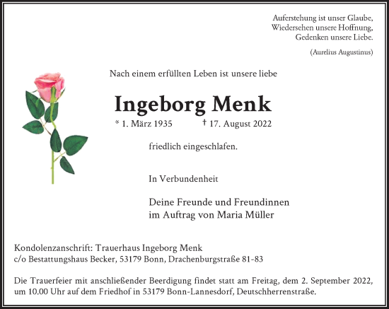 Anzeige von Ingeborg Menk von General-Anzeiger Bonn