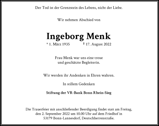 Anzeige von Ingeborg Menk von General-Anzeiger Bonn