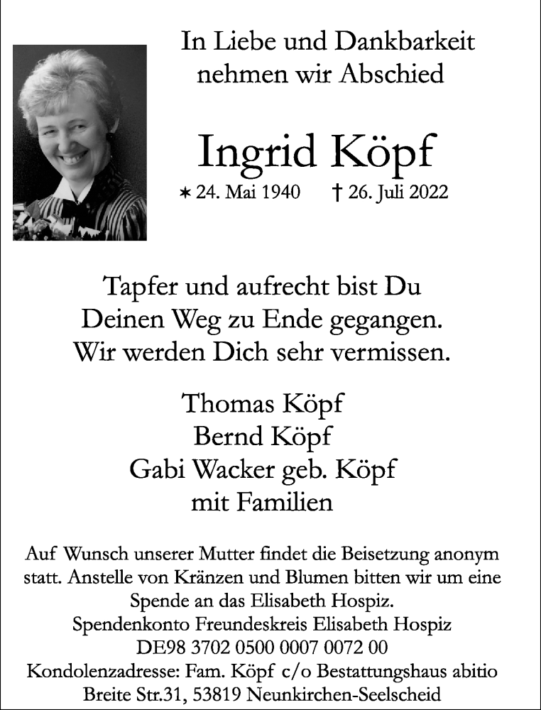  Traueranzeige für Ingrid Köpf vom 06.08.2022 aus General-Anzeiger Bonn