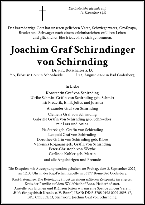 Anzeige von Joachim Graf Schirndinger von Schirnding von General-Anzeiger Bonn