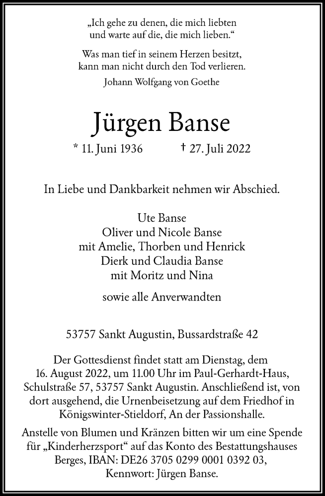  Traueranzeige für Jürgen Banse vom 06.08.2022 aus General-Anzeiger Bonn