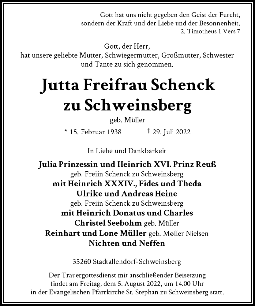  Traueranzeige für Jutta Freifrau Schenck zu Schweinsberg vom 02.08.2022 aus General-Anzeiger Bonn
