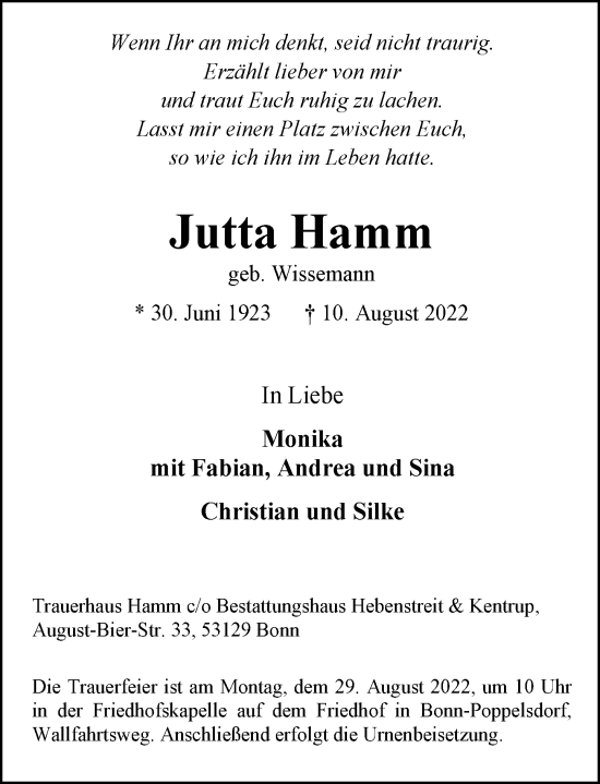 Anzeige von Jutta Hamm von General-Anzeiger Bonn