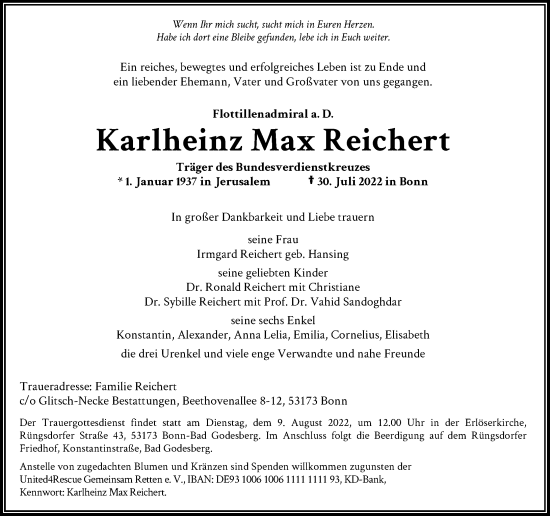 Anzeige von Karlheinz Max Reichert von General-Anzeiger Bonn