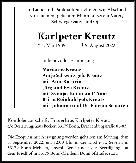 Anzeige von Karlpeter Kreutz von General-Anzeiger Bonn