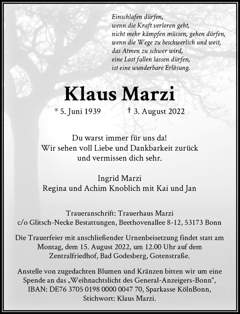  Traueranzeige für Klaus Marzi vom 06.08.2022 aus General-Anzeiger Bonn
