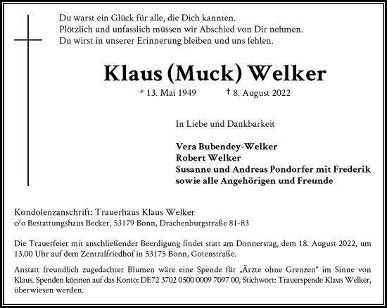 Anzeige von Klaus Welker von General-Anzeiger Bonn