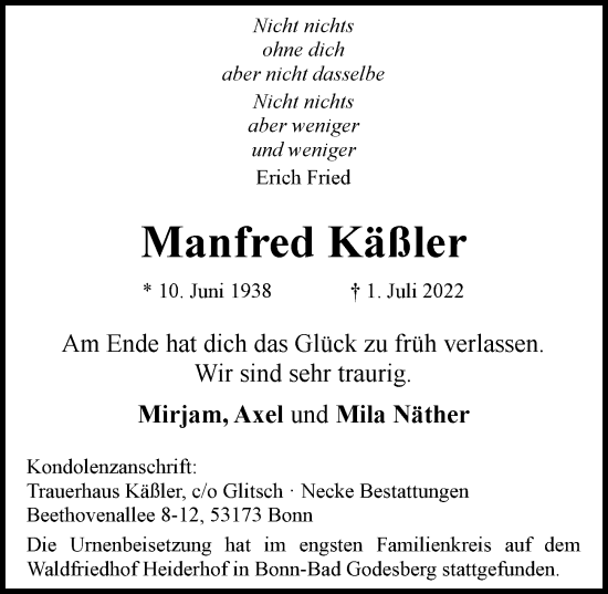 Anzeige von Manfred Käßler von General-Anzeiger Bonn