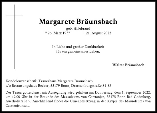 Anzeige von Margarete Bräunsbach von General-Anzeiger Bonn