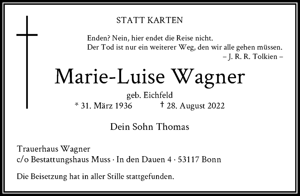  Traueranzeige für Marie-Luise Wagner vom 17.09.2022 aus General-Anzeiger Bonn