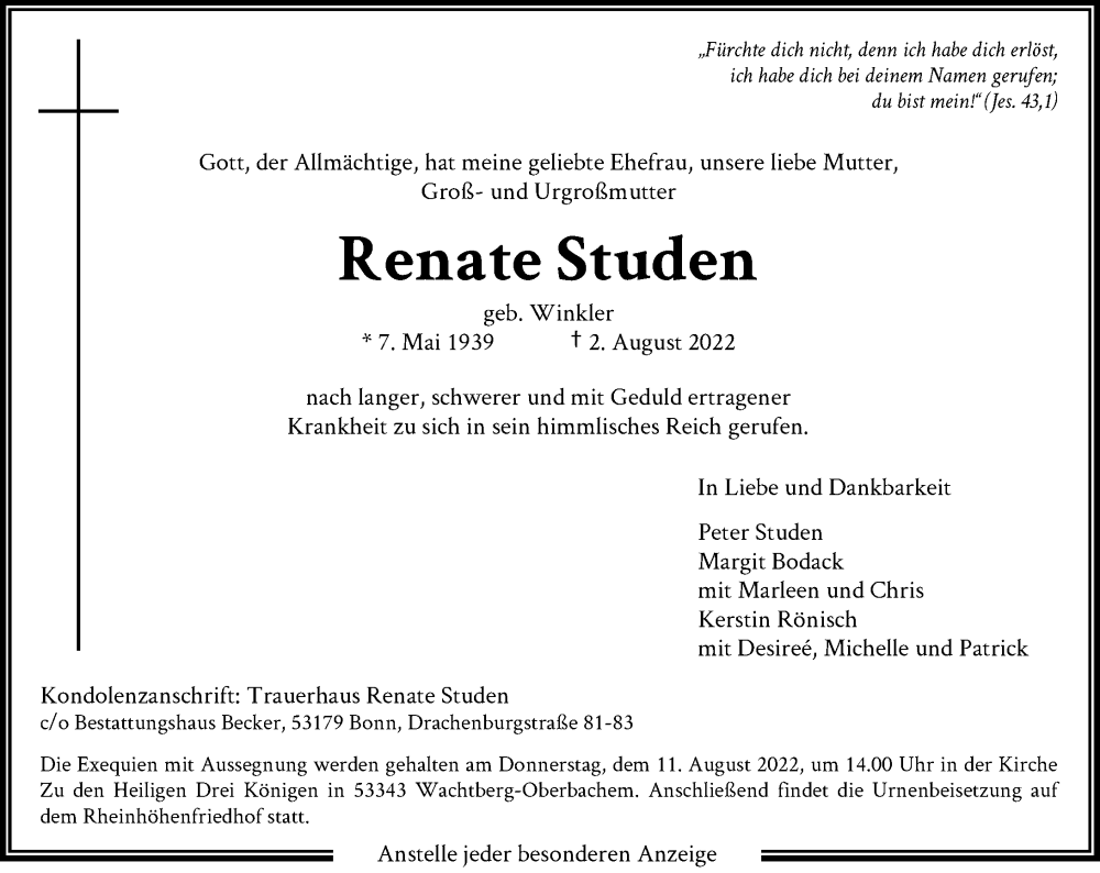  Traueranzeige für Renate Studen vom 06.08.2022 aus General-Anzeiger Bonn