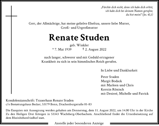 Anzeige von Renate Studen von General-Anzeiger Bonn