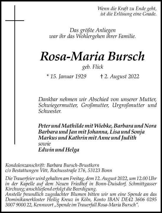 Anzeige von Rosa-Maria Bursch von General-Anzeiger Bonn