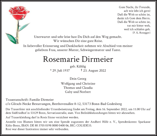 Anzeige von Rosemarie Dirmeier von General-Anzeiger Bonn