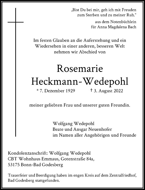 Anzeige von Rosemarie Heckmann-Wedepohl von General-Anzeiger Bonn