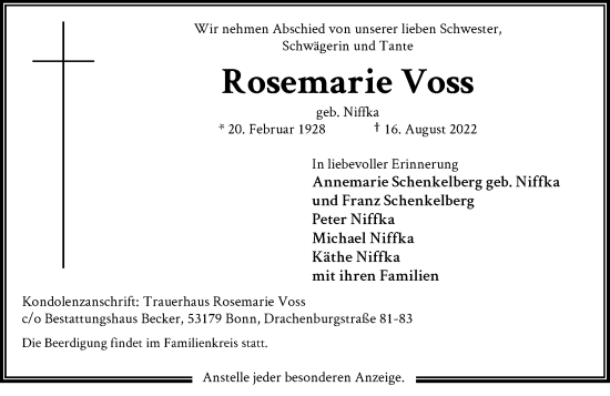 Anzeige von Rosemarie Voss von General-Anzeiger Bonn
