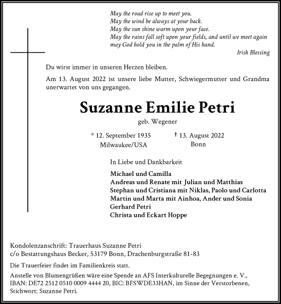 Anzeige von Suzanne Emilie Petri von General-Anzeiger Bonn