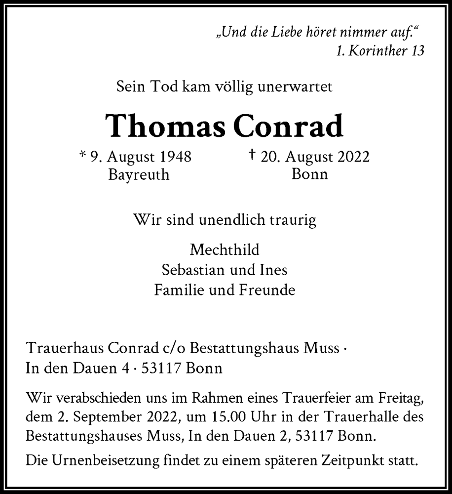  Traueranzeige für Thomas Conrad vom 27.08.2022 aus General-Anzeiger Bonn