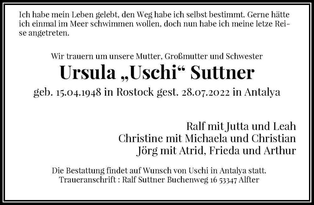  Traueranzeige für Ursula Suttner vom 06.08.2022 aus General-Anzeiger Bonn