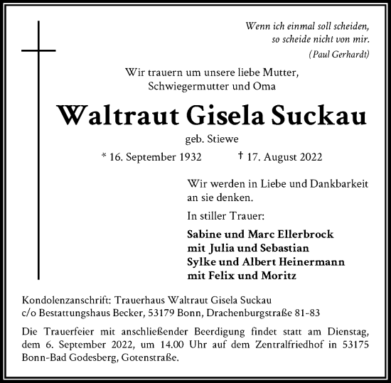 Anzeige von Waltraut Gisela Suckau von General-Anzeiger Bonn