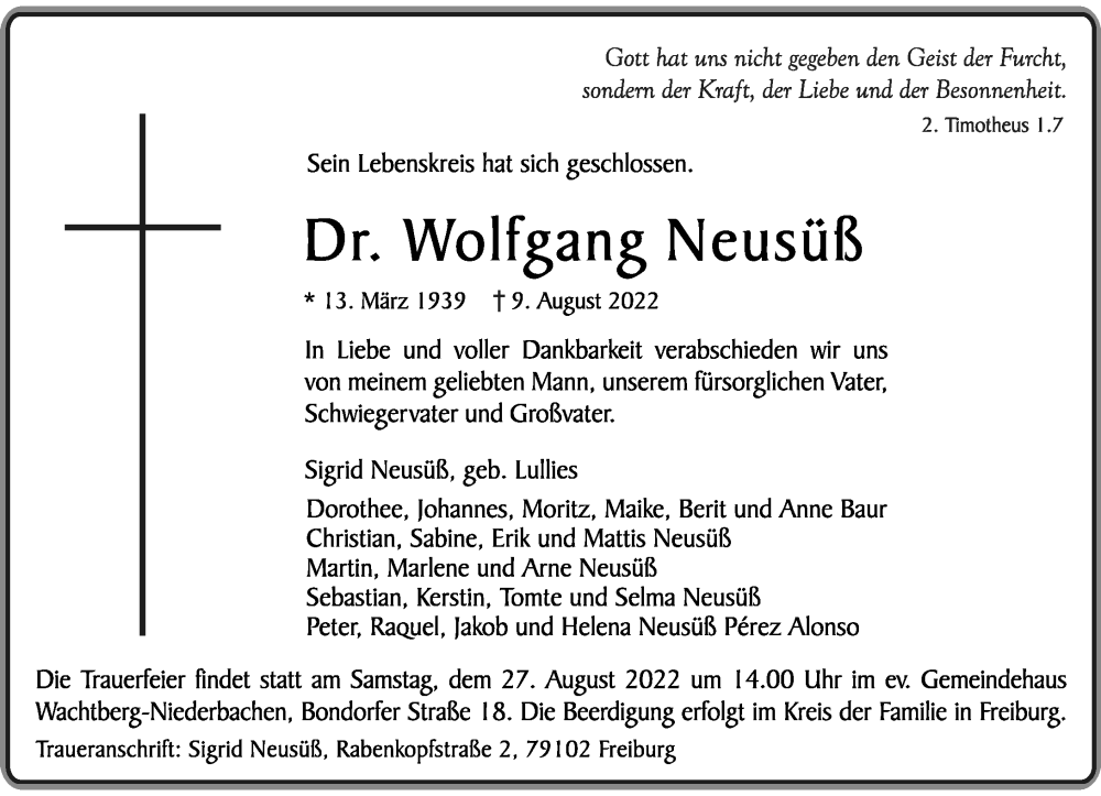  Traueranzeige für Wolfgang Neusüß vom 20.08.2022 aus General-Anzeiger Bonn