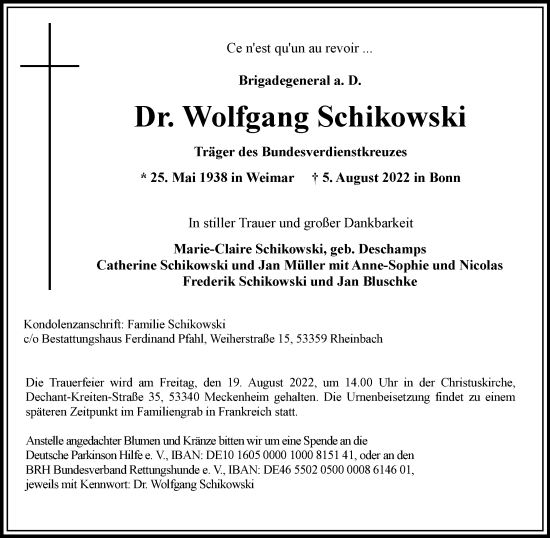 Anzeige von Wolfgang Schikowski von General-Anzeiger Bonn