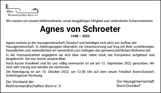Anzeige von Agnes von Schroeter von General-Anzeiger Bonn