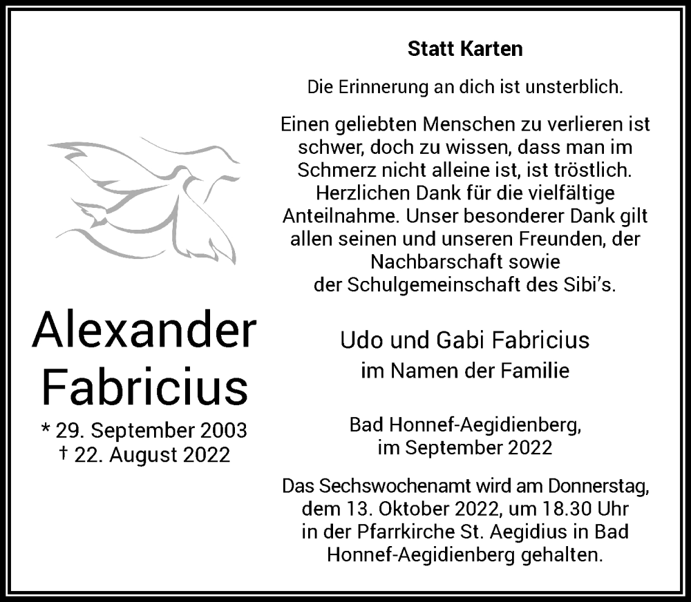  Traueranzeige für Alexander Fabricius vom 24.09.2022 aus General-Anzeiger Bonn