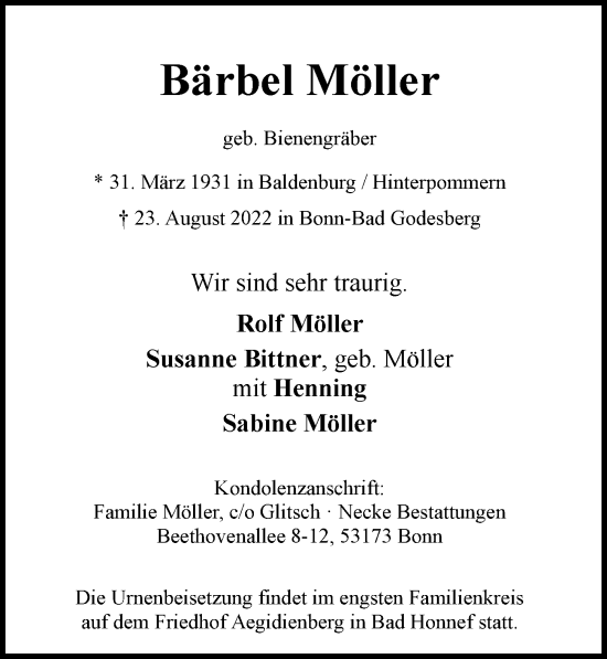 Anzeige von Bärbel Möller von General-Anzeiger Bonn