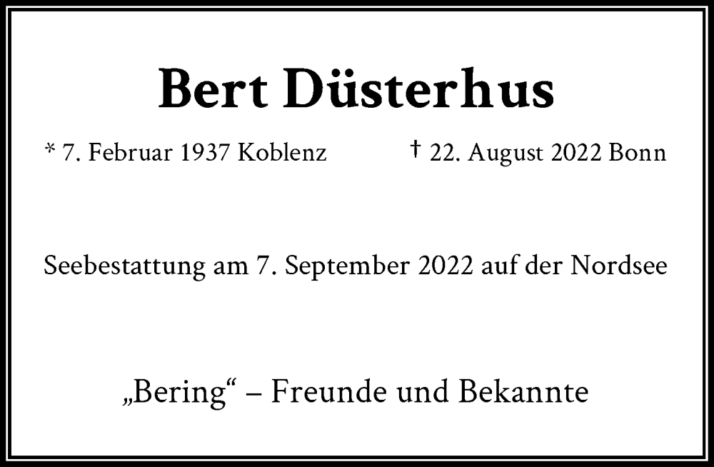  Traueranzeige für Bert Düsterhus vom 21.09.2022 aus General-Anzeiger Bonn