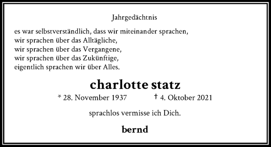 Anzeige von Charlotte Statz von General-Anzeiger Bonn