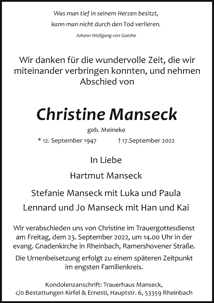  Traueranzeige für Christine Manseck vom 20.09.2022 aus General-Anzeiger Bonn