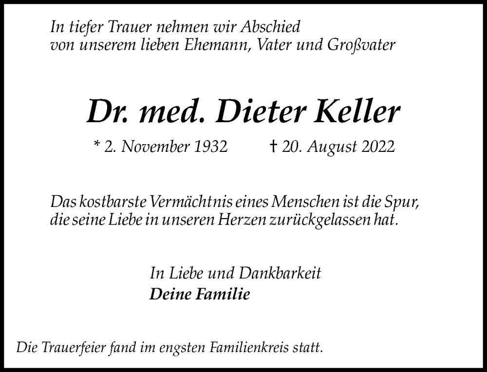  Traueranzeige für Dieter Keller vom 17.09.2022 aus General-Anzeiger Bonn