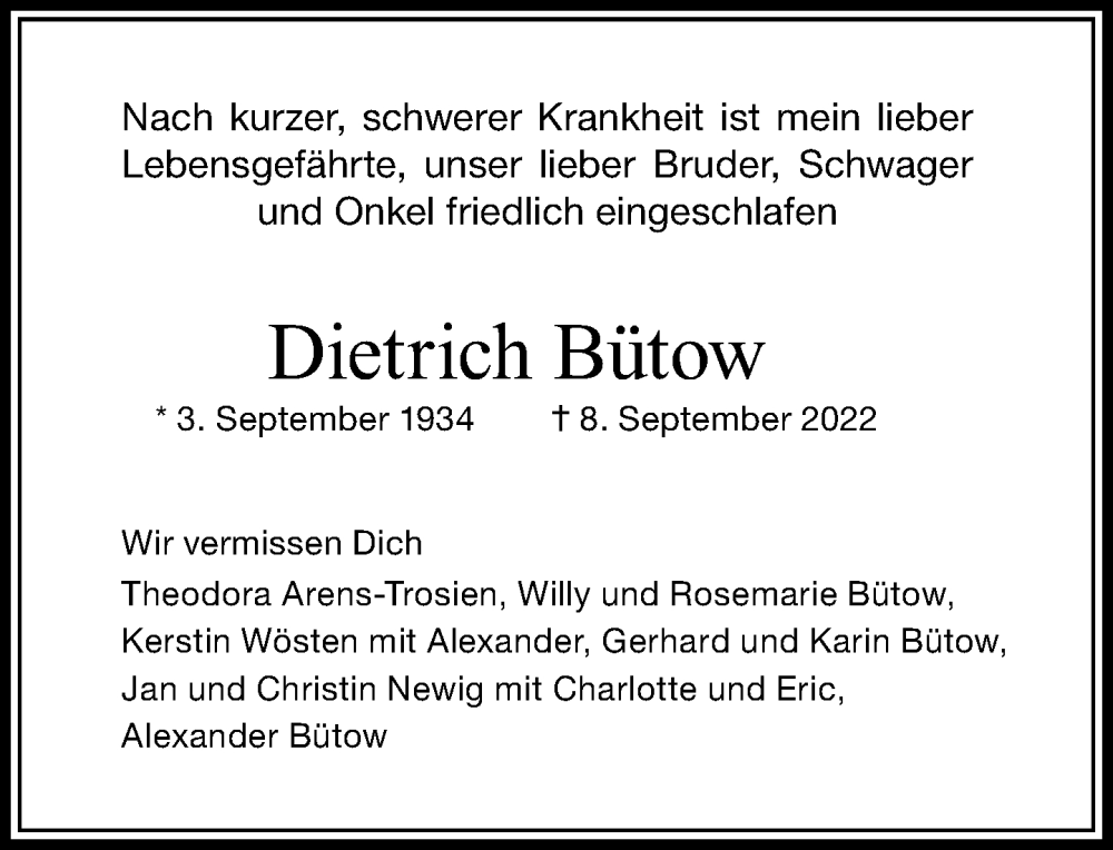  Traueranzeige für Dietrich Bütow vom 17.09.2022 aus General-Anzeiger Bonn