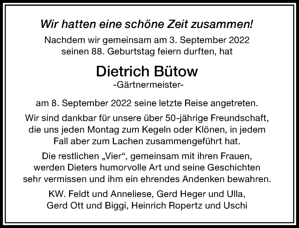  Traueranzeige für Dietrich Bütow vom 17.09.2022 aus General-Anzeiger Bonn