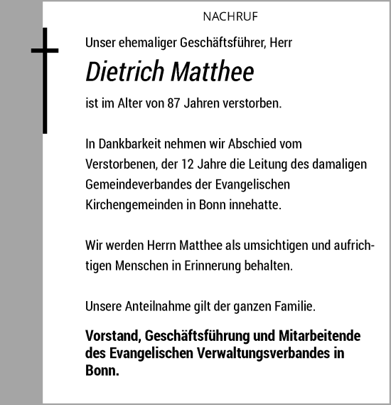 Anzeige von Dietrich Matthee von General-Anzeiger Bonn