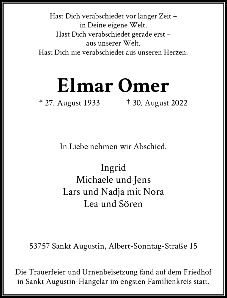  Traueranzeige für Elmar Omer vom 17.09.2022 aus General-Anzeiger Bonn