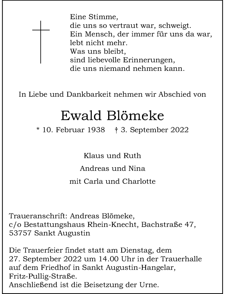  Traueranzeige für Ewald Blömeke vom 17.09.2022 aus General-Anzeiger Bonn