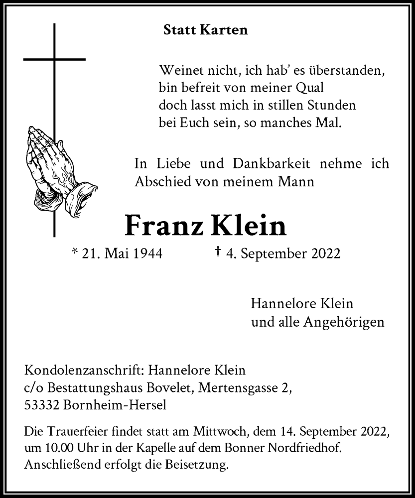  Traueranzeige für Franz Klein vom 10.09.2022 aus General-Anzeiger Bonn