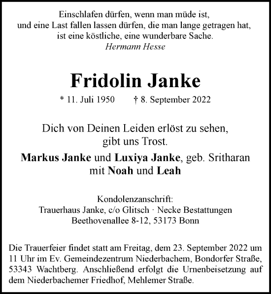 Anzeige von Fridolin Janke von General-Anzeiger Bonn