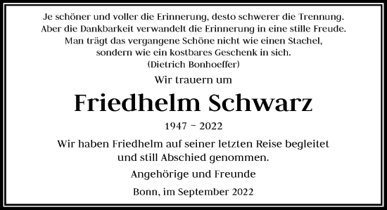 Anzeige von Friedhelm Schwarz von General-Anzeiger Bonn